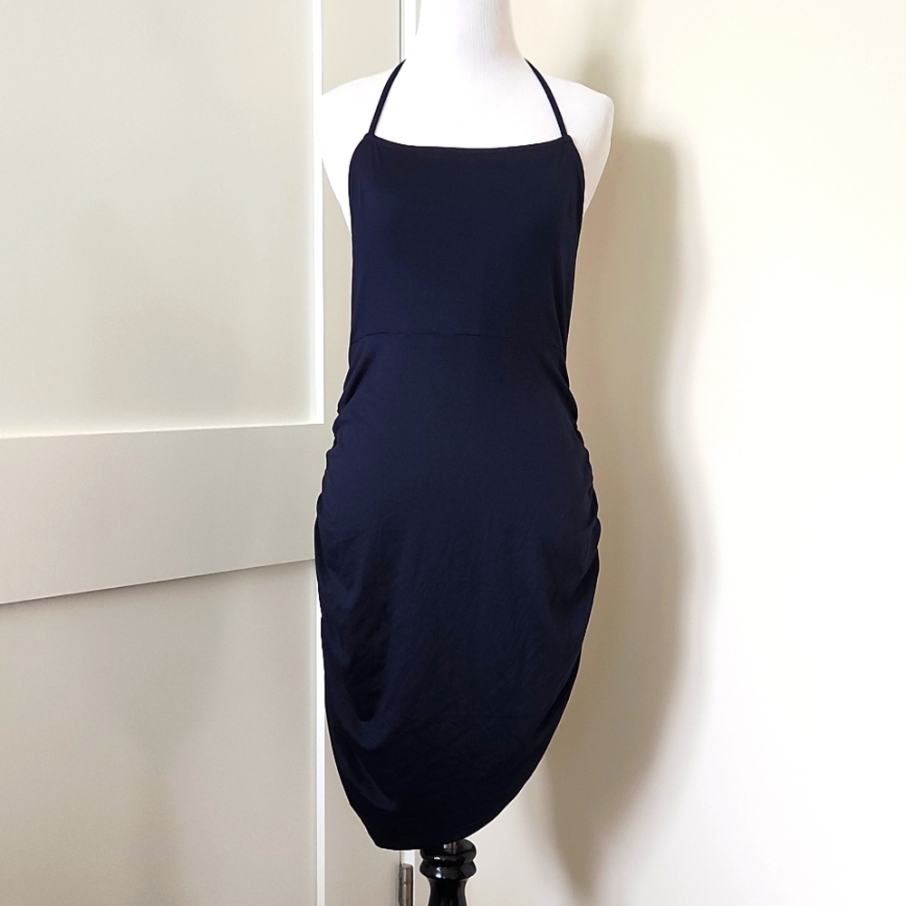 🤞NWT Anthropologie Navy blue halter ruched midi dress w/ zip/tie closure Size S